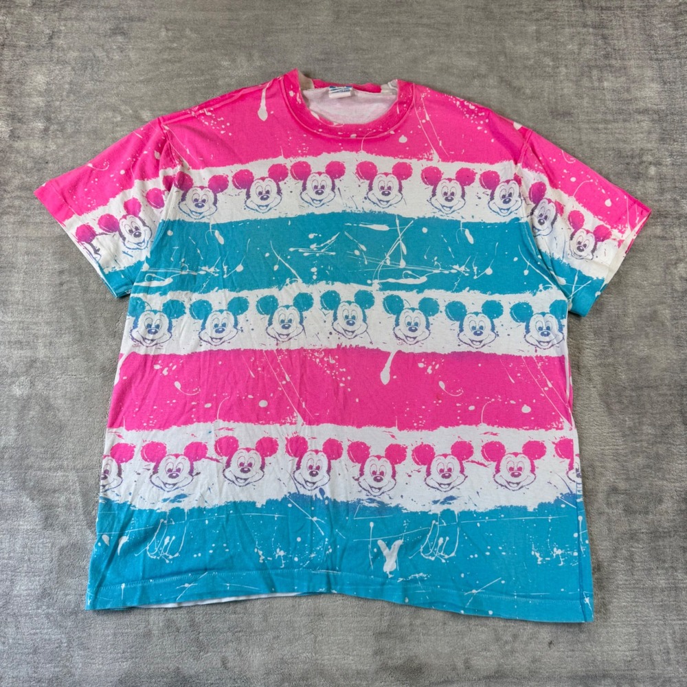 Mickey Mouse Shirt Mens Large Pink Striped All Over Print Vintage 80s Disney